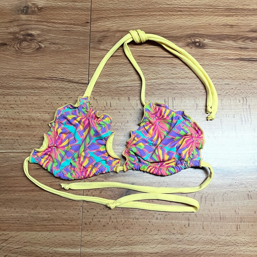 Multicolor Floral Abstract Lettuce Trim Triangle Bikini Top Swim Women